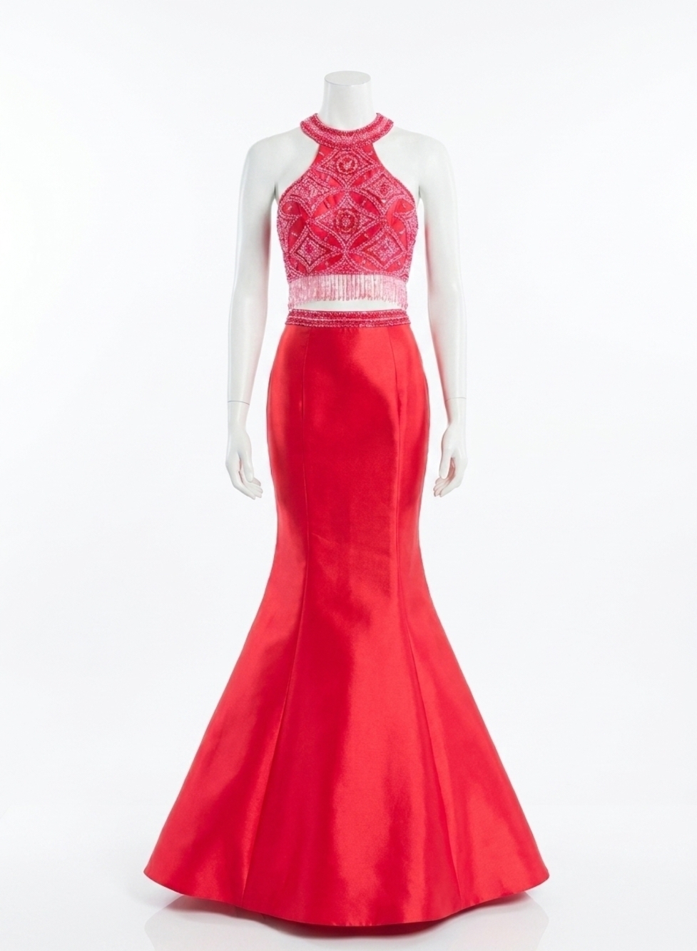 NEW RACHEL ALLAN two-piece beaded mikado prom gown in red